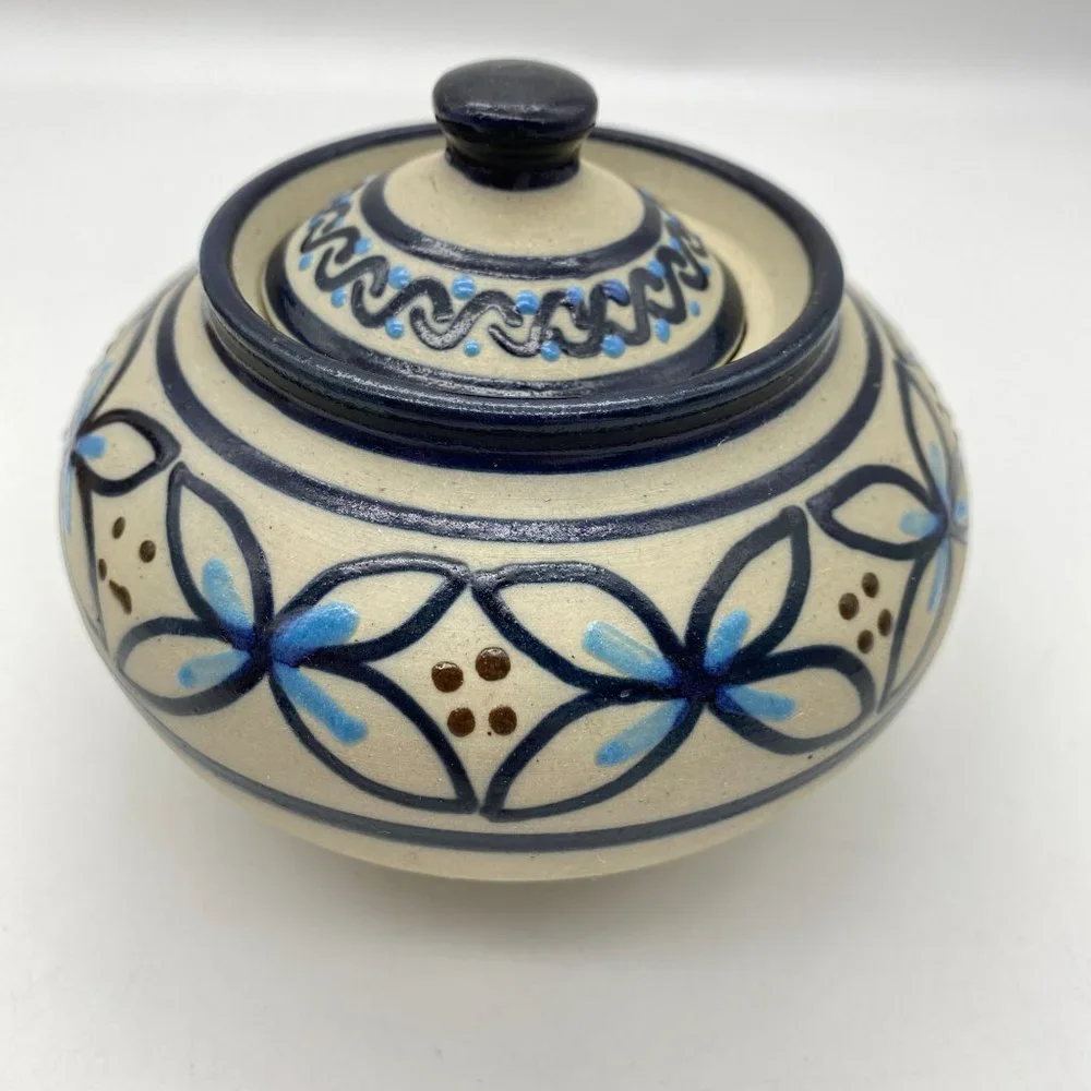 Mexican pottery lidded jar bowl blue Floral print Xochimilco hand painted signed